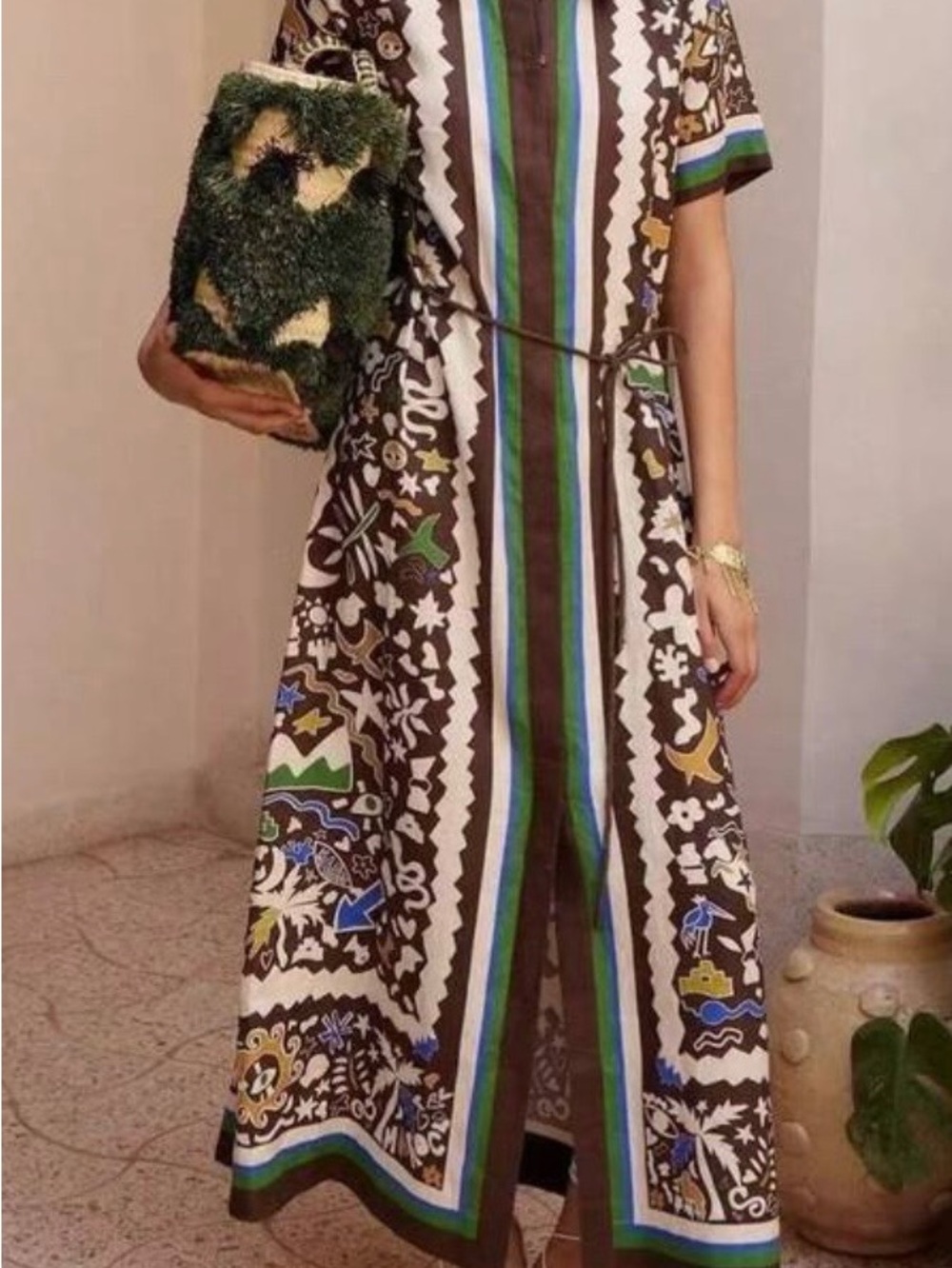Alemais Brown Floral Stripe Maxi Dress with Green & Blue Accents